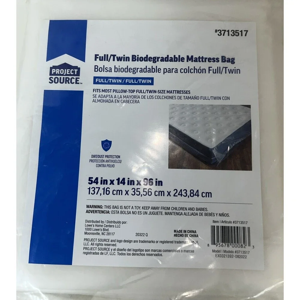 2 Project Source Full/ Twin Biodegradable Mattress Bags 54 in X 14 in X 96 in